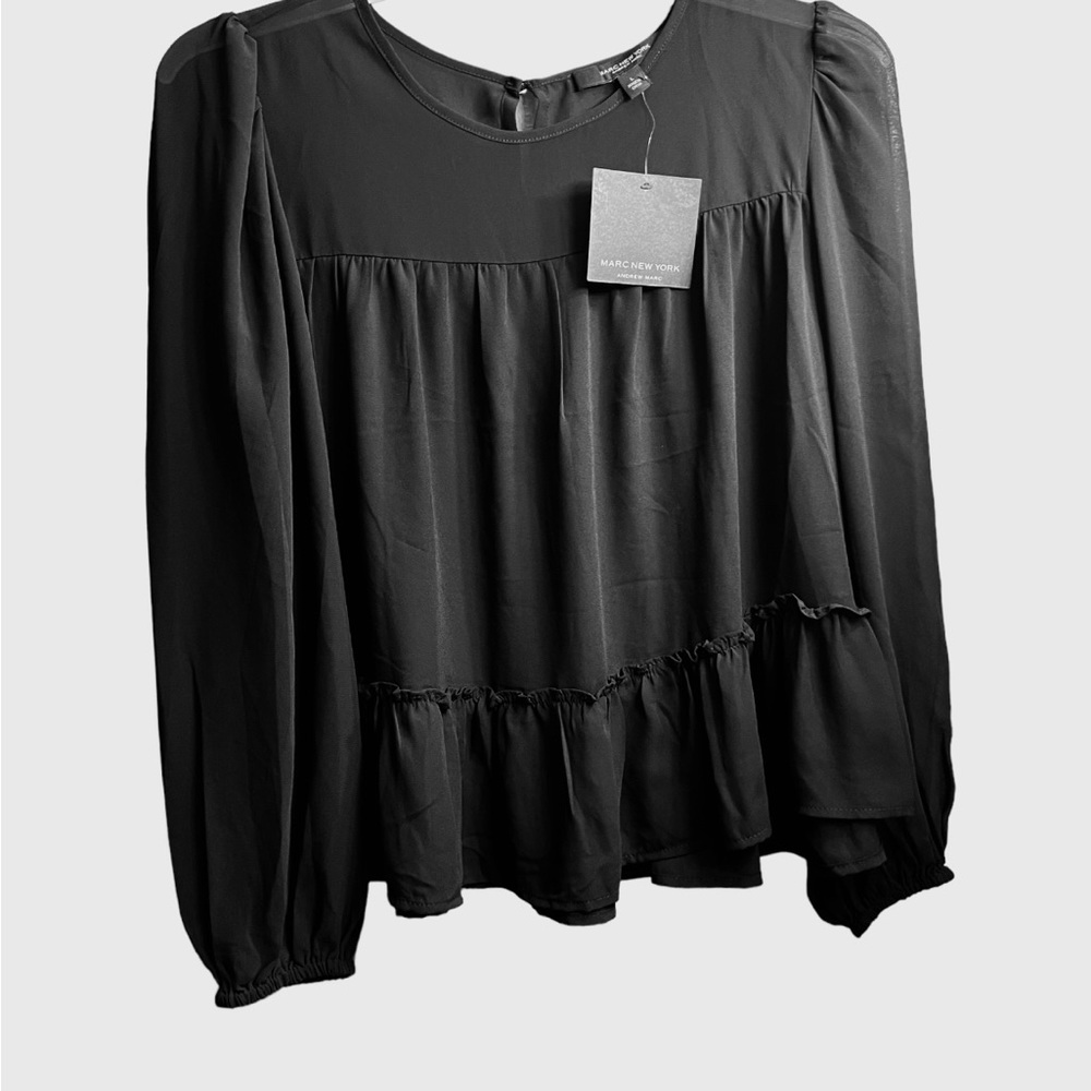 Marc New York Andrew Marc Women’s Blouse Black Long Sleeve Lace Sleeve